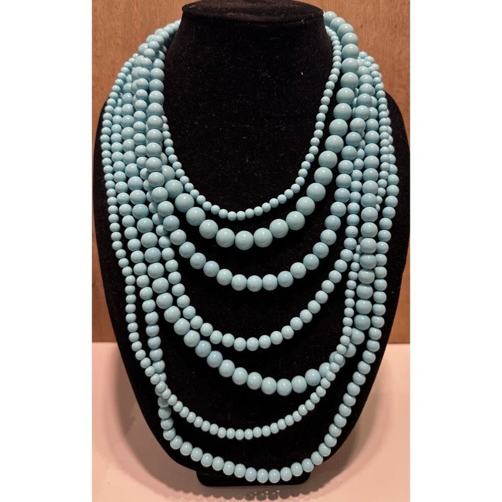 Vtg Multistrand 7 Aqua Blue Beaded Statement Necklace Bold